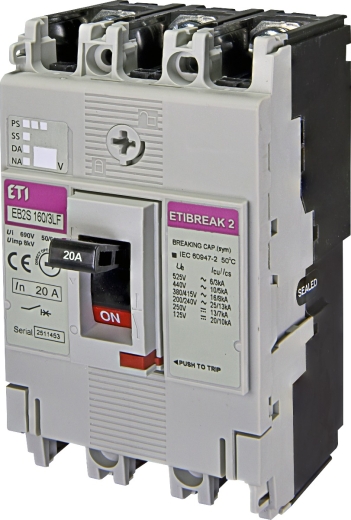 Автоматичний вимикач ETI 004671802 EB2S 160/3LF 20А 3P (16kA фіксовані налаштування) - 1