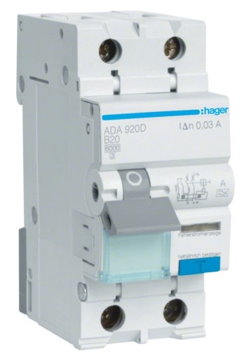 Диференційний автомат Hager ADA920D B 20A 1P+N 6кА 30мА A - 1