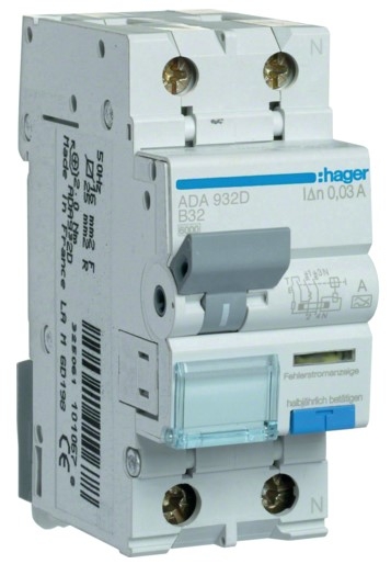 Диференційний автомат Hager ADA932D B 32A 1P+N 6кА 30мА A - 1