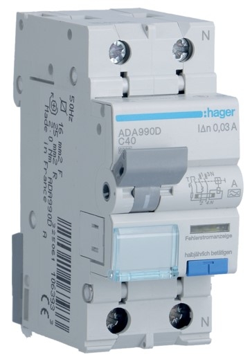 Диференційний автомат Hager ADA990D C 40A 1P+N 6кА 30мА A - 1