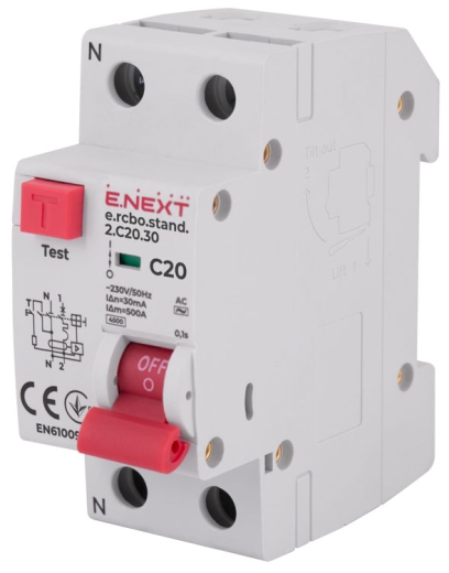 Выключатель дифференциального тока E.Next e.rcbo.stand.2.C20.30 1P+N 20А С 30мА (s034104) - 1
