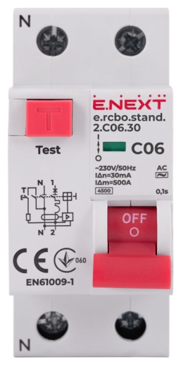 Вимикач диференційного струму E.Next e.rcbo.stand.2.C06.30 1P+N 6А С 30мА (s034101) - 2