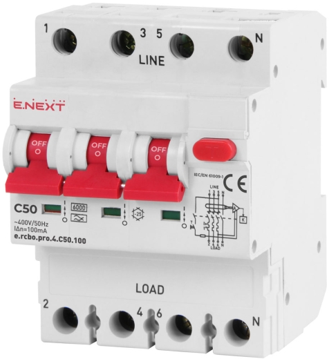 Выключатель дифференциального тока E.Next e.rcbo.pro.4.C50.100 3P+N 50А С тип А 100мА (p0720025) - 1