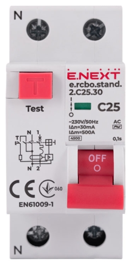Вимикач диференційного струму E.Next e.rcbo.stand.2.C25.30 1P+N 25А С 30мА (s034105) - 2
