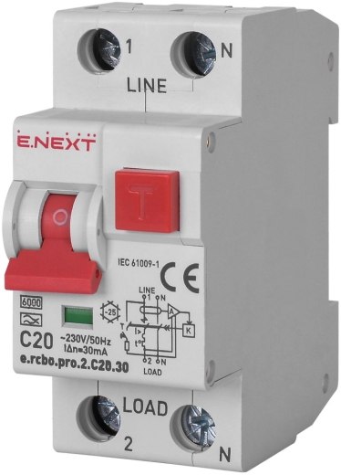 Выключатель дифференциального тока E.Next e.rcbo.pro.2.C20.30 1P+N 20А С тип А 30мА (p0720027) - 1