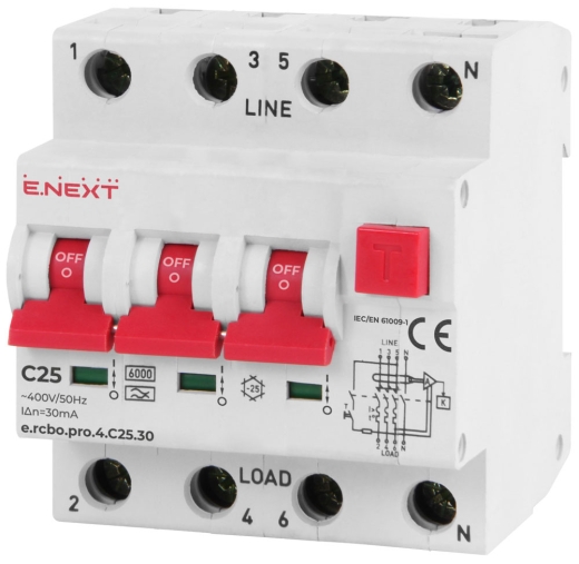 Вимикач диференційного струму E.Next e.rcbo.pro.4.C25.30 3P+N 25А С тип А 30мА (p0720016) - 1