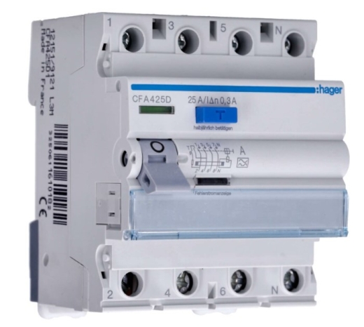ПЗВ Hager CFA425D 4P 6кА 25A 300мА A - 1