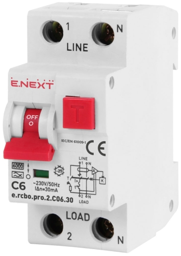 Вимикач диференційного струму E.Next e.rcbo.pro.2.C06.30 1P+N 6А С тип А 30мА (p0720007) - 1