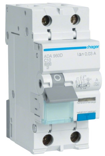 Диф автомат Hager ADA960D C 10A 1P+N 6кА 30мА - 1