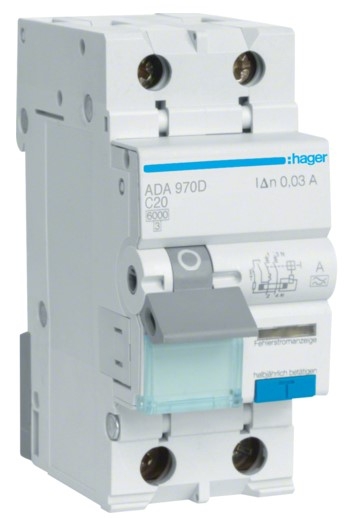 Диференційний автомат Hager ADA970D C 20A 1P+N 6кА 30мА A - 1