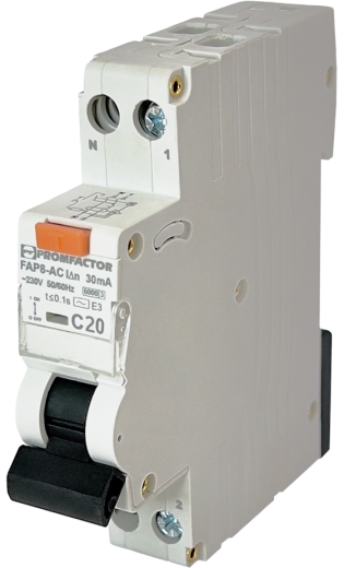 Автомат защитного отключения Promfactor FAP8-AC «C» 20А/0,03A 1P+N 6кА (FAP08C20030AC) - 1