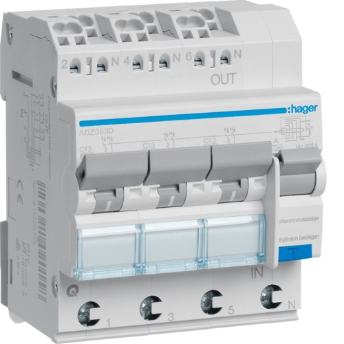 Диференціальний автомат Hager ADZ363D 3x1P+N 6кА C-13A 30мА тип А QuickConnect - 1
