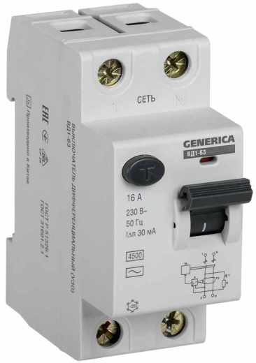 Устройство защитного отключения Generica MDV15-2-016-030 ВД1-63 1Р+N 16А 30мА - 1