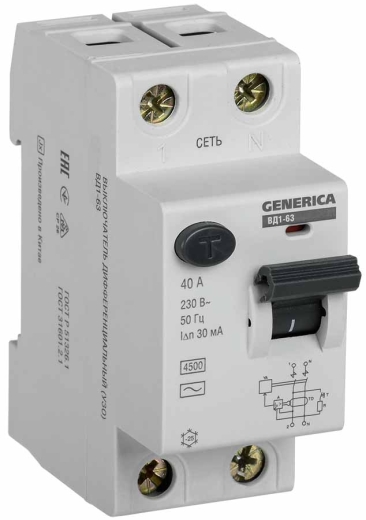 Пристрій захисного відключення Generica MDV15-2-040-030 ВД1-63 1Р+N 40А 30мА - 1