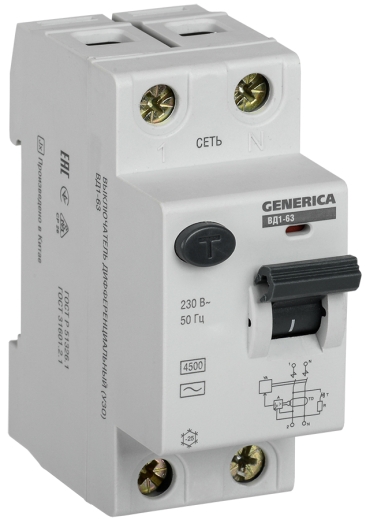 Устройство защитного отключения Generica (MDV15-2-063-100) ВД1-63 1Р+N 63А 100мА - 1