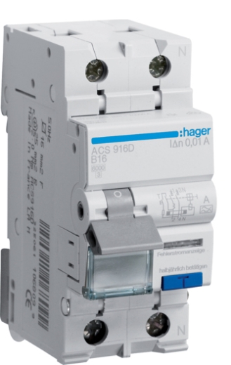Диференційний автомат Hager ACS916D B 16A QC 1P+N 6кА 10мА A - 1